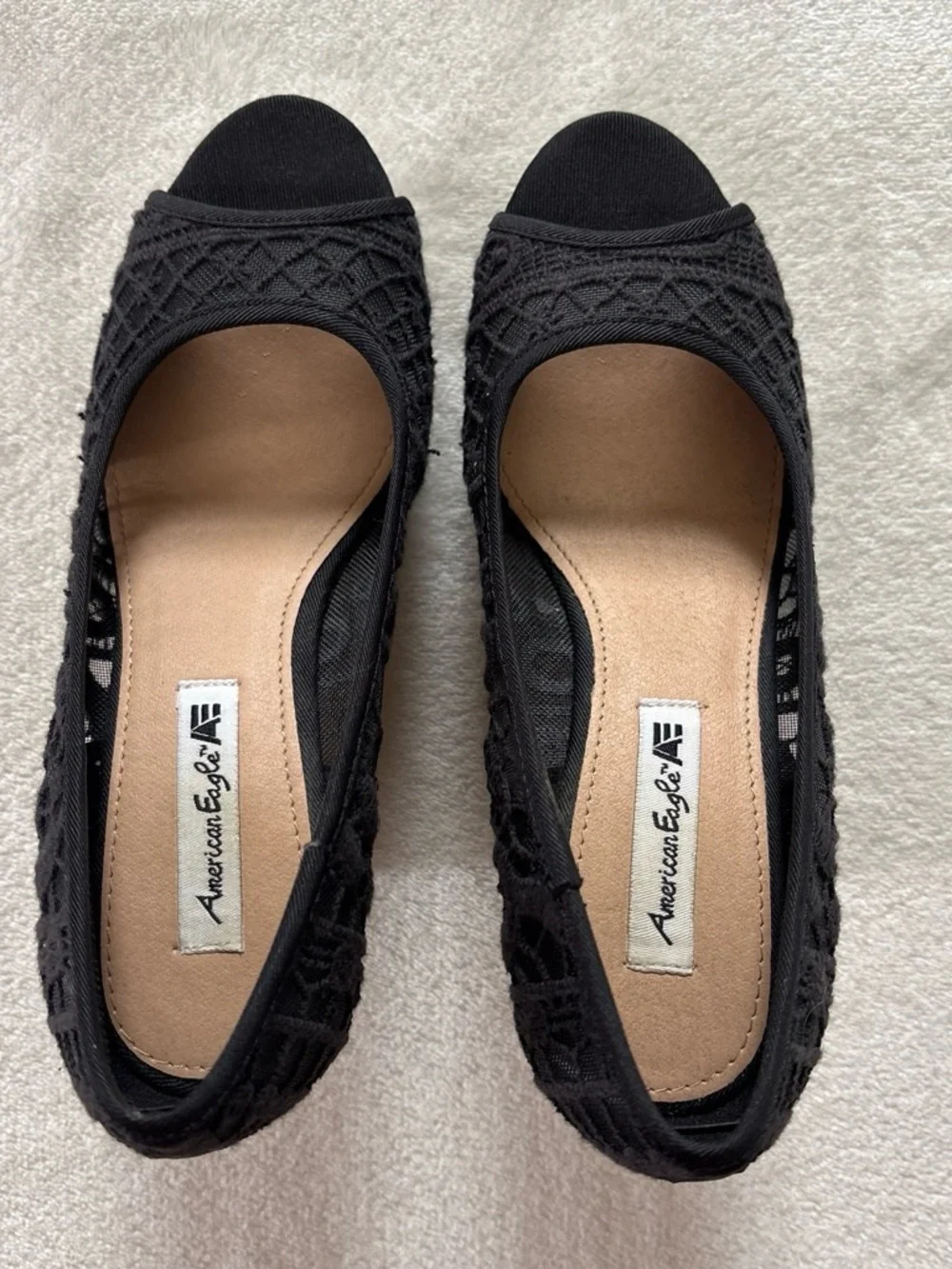 Y2K American Eagle Peep Toe Black Lace Wedge Heel Size 5